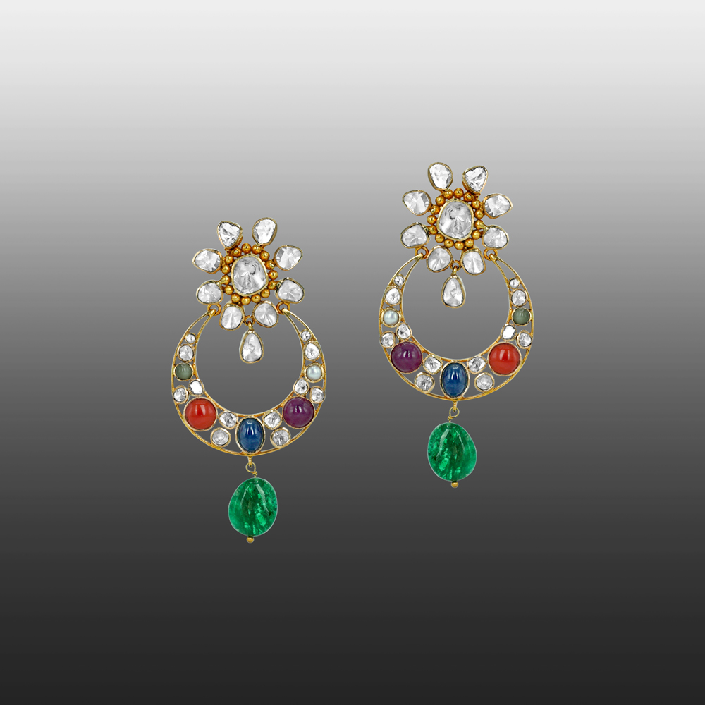 Navaratan Chandbali Earrings with Polkis and Emerald Drops